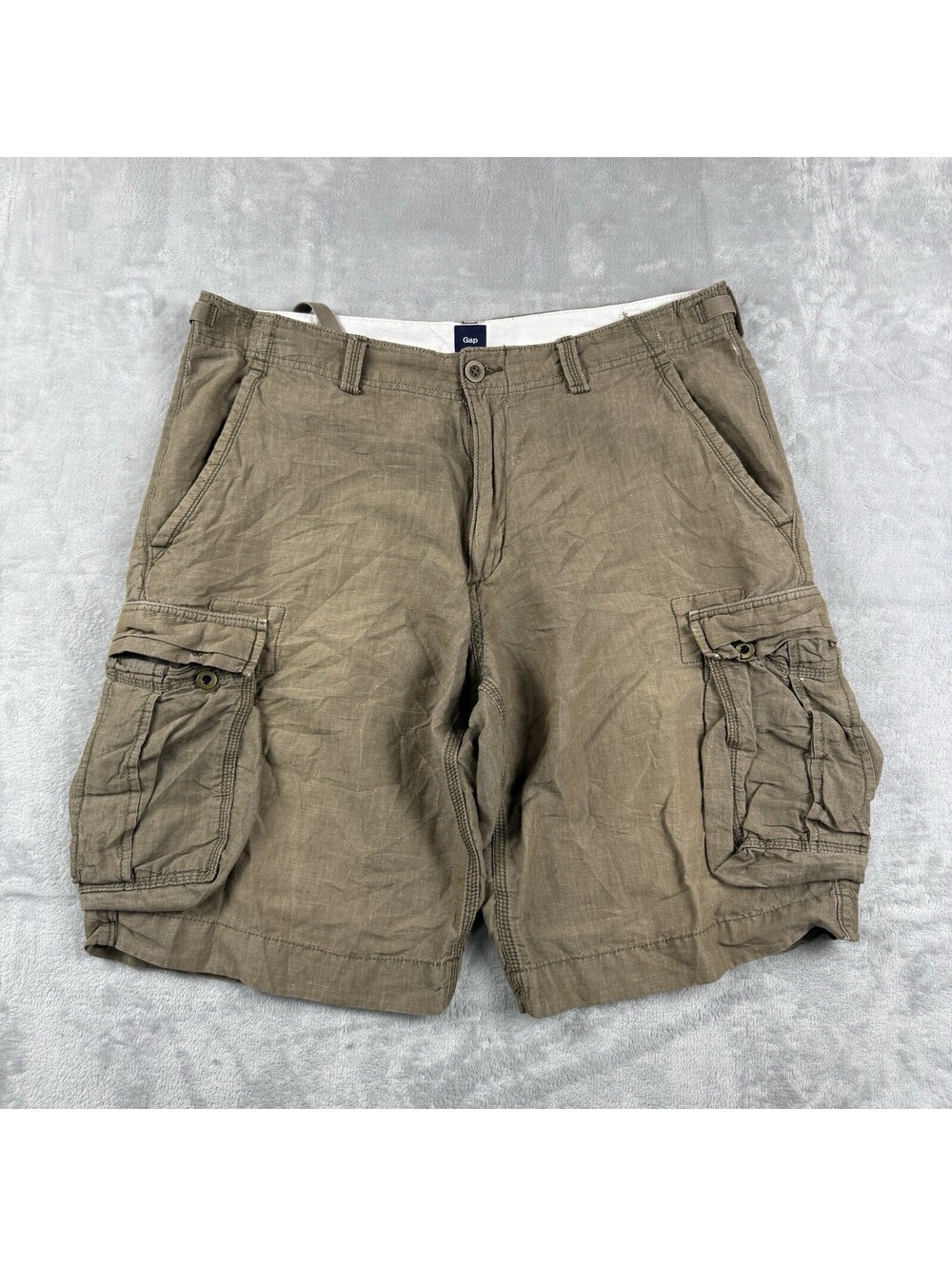 Gap Cargo Shorts Mens 36 Olive Brown Linen Cotton Multi Pocket Casual Summer Y2K